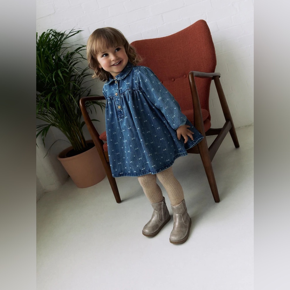 Denim Bow Long Sleeve Collar Dress